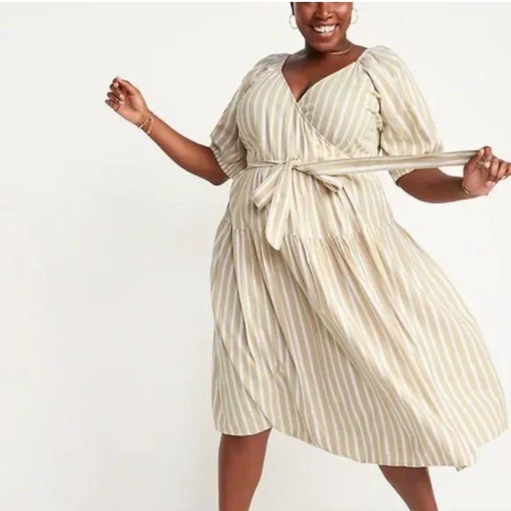 Old Navy Waist Defined Striped Tie Belt Midi Wrap Dress Neutral Size 2X